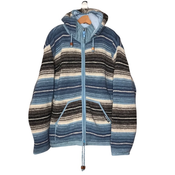 Laundromat Sweaters - Laundromat Striped Blue Brown Cream Full Zip Wool Sweater Jacket Unisex Large